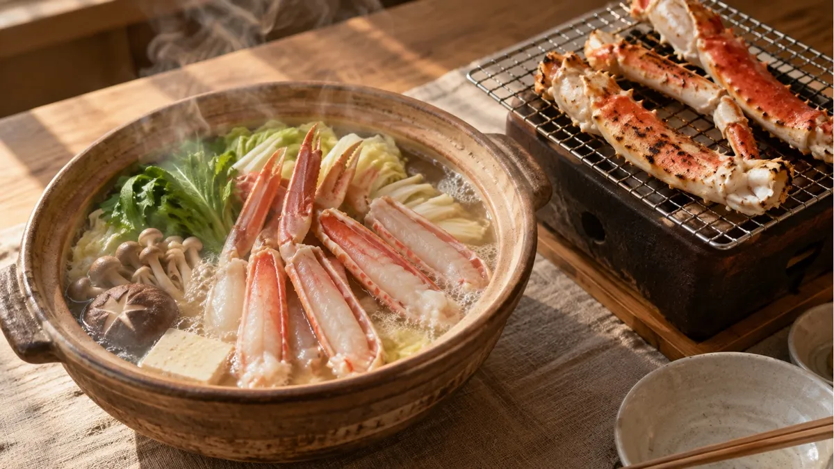 土鍋で煮える殻を半分むいたズワイの脚の鍋と、網の上で焼き色のついたタラバの太い脚が並ぶ写真