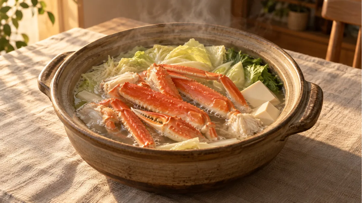 カニの脚と白菜・豆腐が煮える土鍋の写真