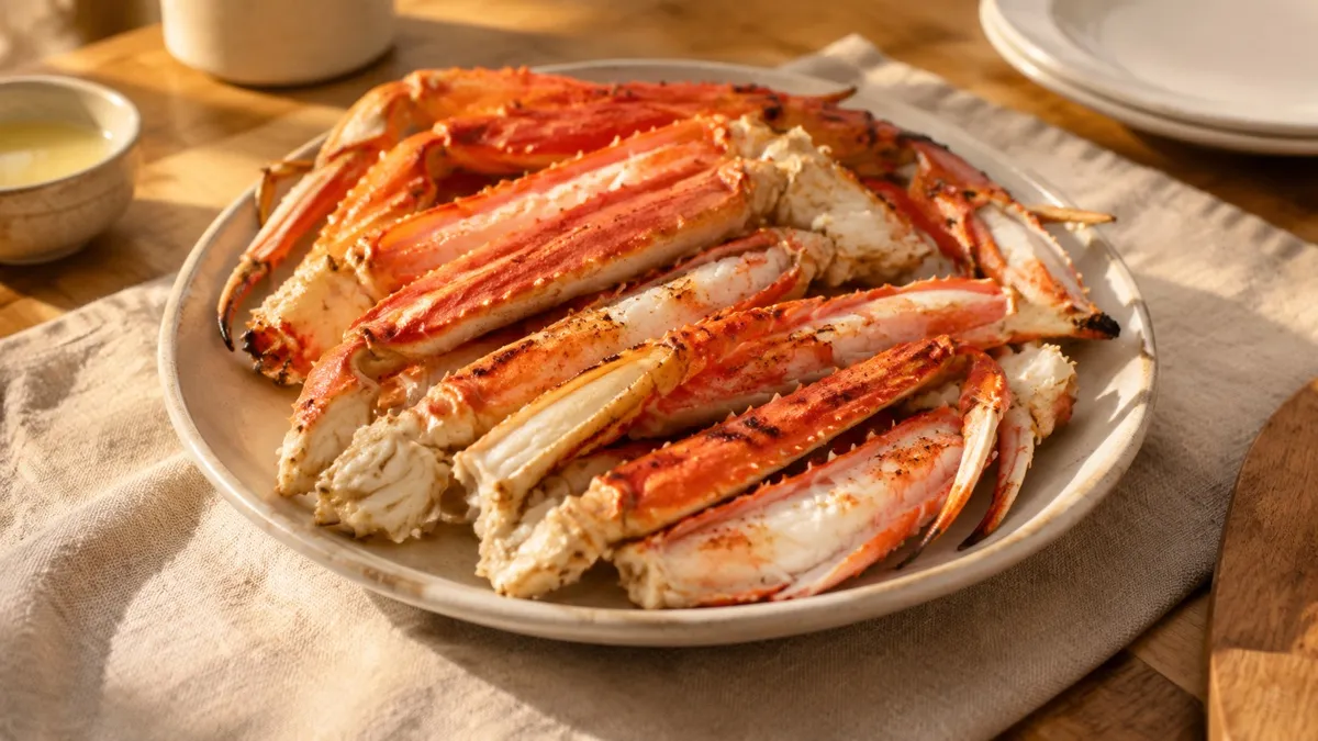殻ごと炙って焼き目のついたボイルのカニの半むき身が皿に盛られた写真