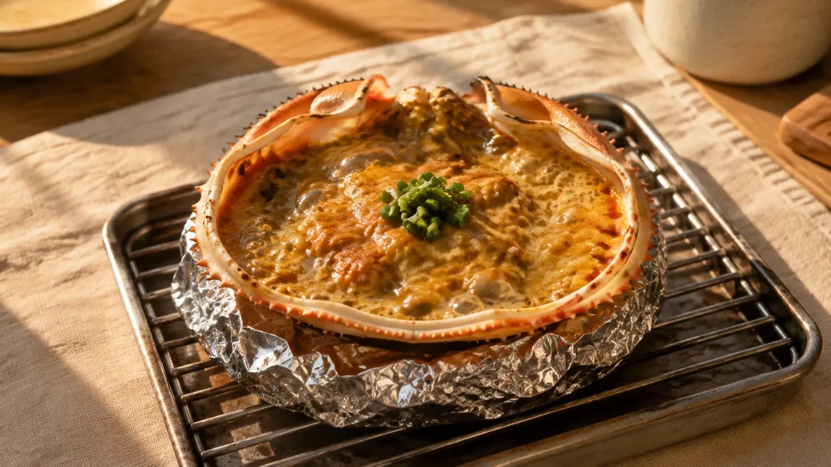 網とアルミホイルの台にのせた甲羅焼きで、カニ味噌がふつふつと焼けている写真