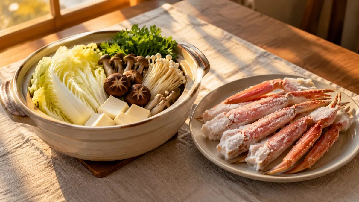 野菜と豆腐を入れて支度した土鍋の横に、霜のついた凍ったままのズワイの半むき身の皿が置かれた写真