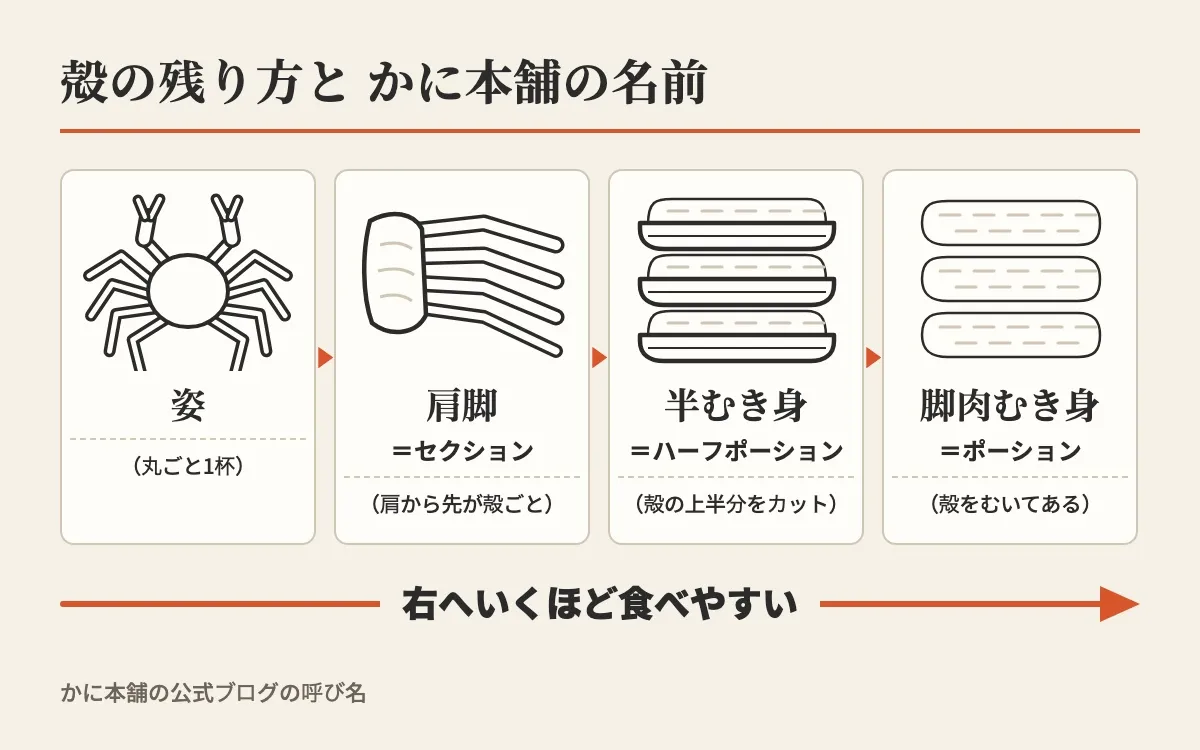 姿、肩脚（セクション）、半むき身（ハーフポーション）、脚肉むき身（ポーション）の順に殻が少なくなり、右へいくほど食べやすいことを示した図