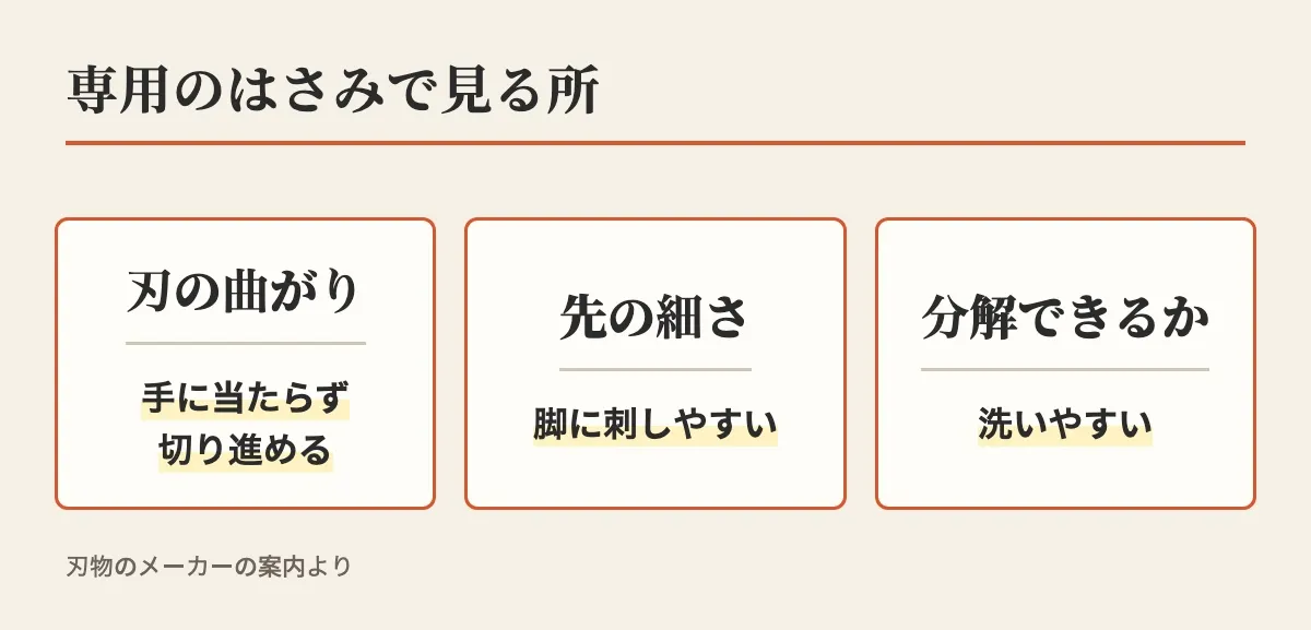 専用のはさみで見る所として、刃の曲がりは手に当たらず切り進める、先の細さは脚に刺しやすい、分解できるかは洗いやすい、の3つを示した図