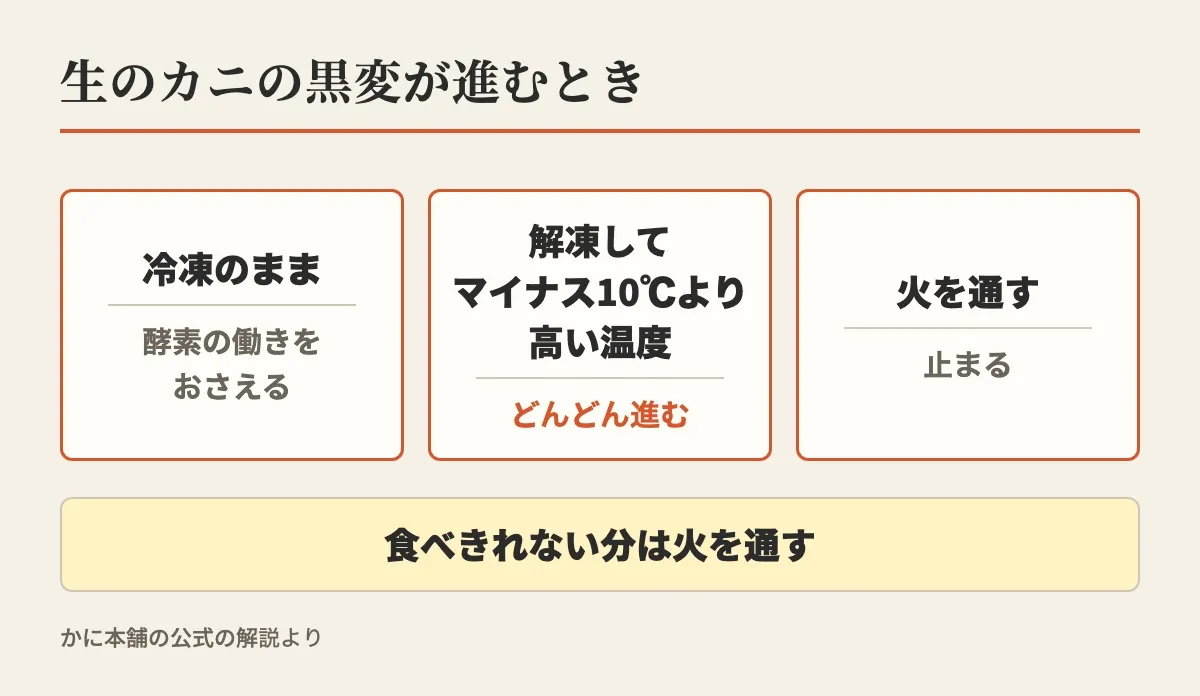 生のカニの黒変が進むときとして、冷凍のままなら酵素の働きをおさえる、解凍してマイナス10℃より高い温度ではどんどん進む、火を通すと止まる、を並べ、食べきれない分は火を通すと添えた図