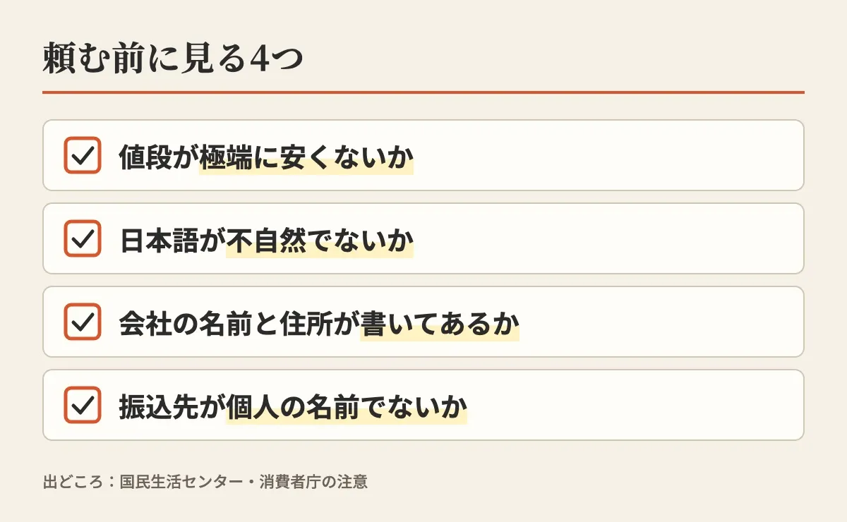 偽のサイトを避けるために頼む前に見る4つ（値段・日本語・会社の名前と住所・振込先）を並べたチェックの図
