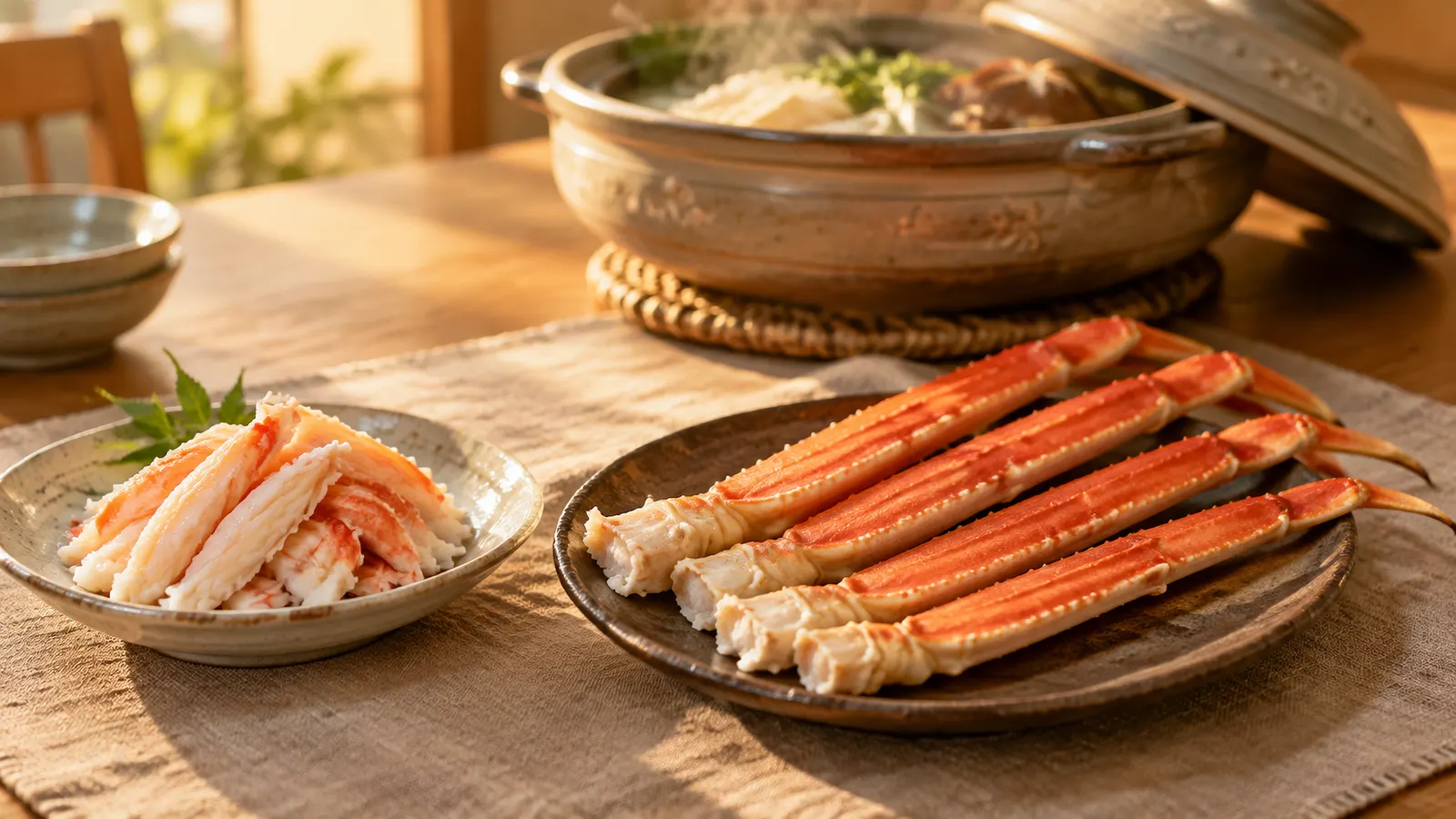 夕方の光の食卓に、むき身のカニの小皿と殻つきのズワイガニの脚4本、奥に湯気の立つ土鍋